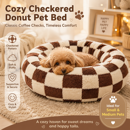 Small Medium Pet Donut Bed (Coffee plaid) -50cm outer diameter, Soft Plush Round Dog Bed and Cat Bed with Raised Rim, Cozy Calming Pet Sleeping Cushion, Checkered Washable Puppy Bed for Indoor Small Dogs Cats and Kittens