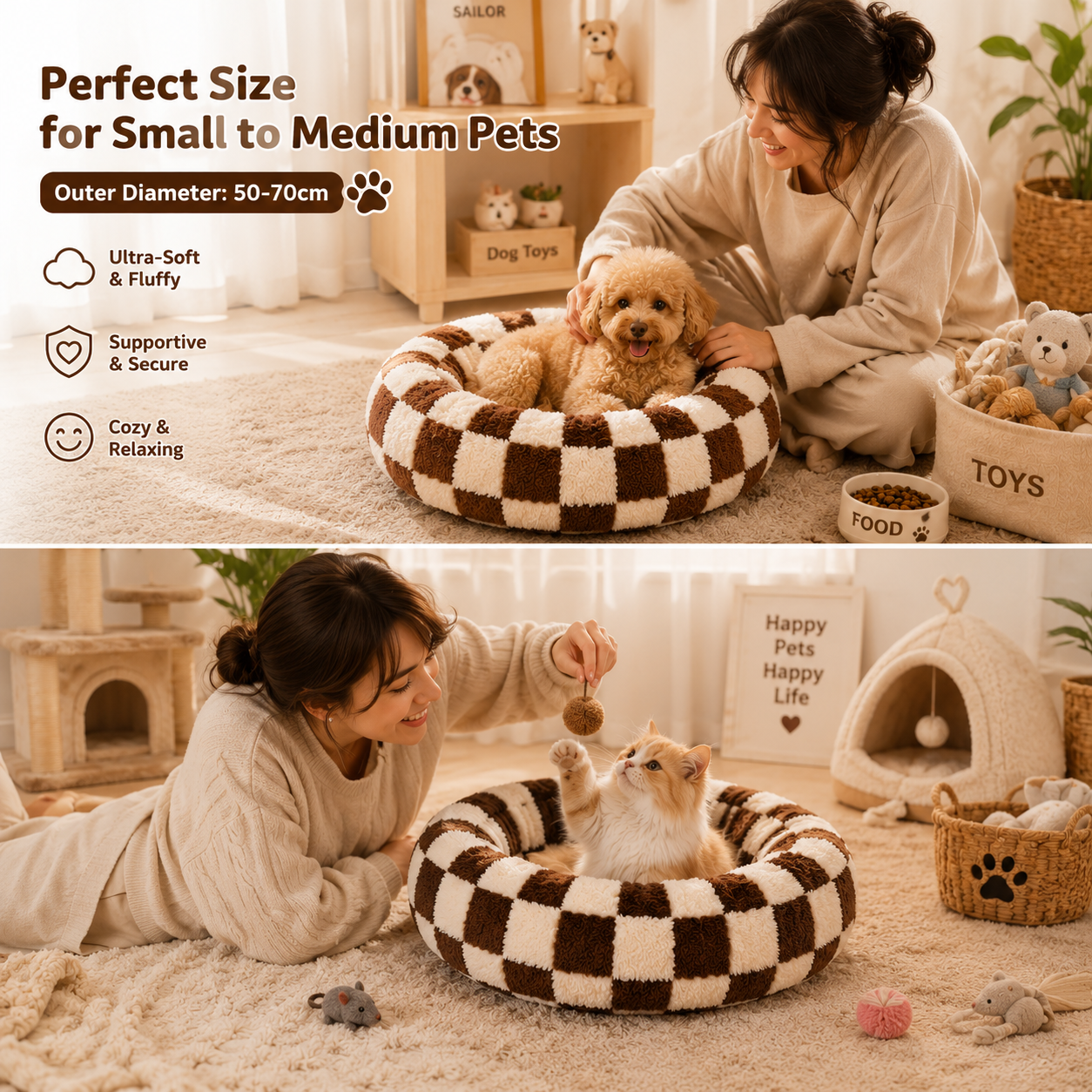 Medium Large Pet Donut Bed (Coffee plaid)-80cm outer diameter, Soft Plush Round Dog Bed and Cat Bed with Raised Rim, Cozy Calming Pet Sleeping Cushion, Checkered Washable Dog Bed for Medium Large Dogs and Cats