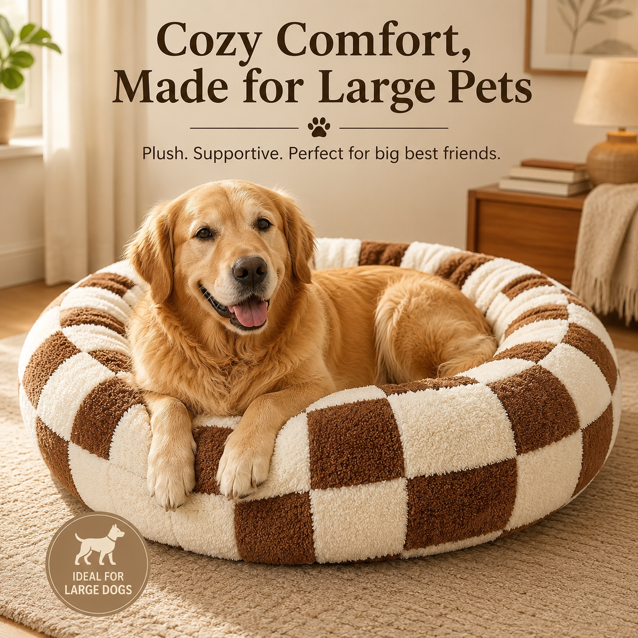 Medium Large Pet Donut Bed (Coffee plaid)-90cm outer diameter, Soft Plush Round Dog Bed and Cat Bed with Raised Rim, Cozy Calming Pet Sleeping Cushion, Checkered Washable Dog Bed for Medium Large Dogs and Cats
