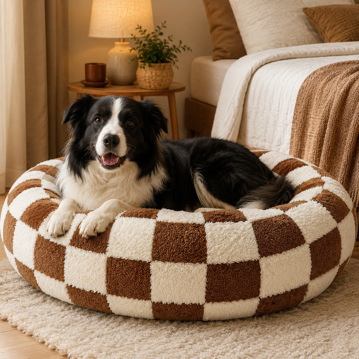 Medium Large Pet Donut Bed (Coffee plaid)-90cm outer diameter, Soft Plush Round Dog Bed and Cat Bed with Raised Rim, Cozy Calming Pet Sleeping Cushion, Checkered Washable Dog Bed for Medium Large Dogs and Cats