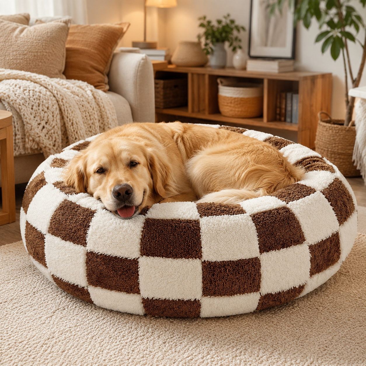 Medium Large Pet Donut Bed (Coffee plaid)-90cm outer diameter, Soft Plush Round Dog Bed and Cat Bed with Raised Rim, Cozy Calming Pet Sleeping Cushion, Checkered Washable Dog Bed for Medium Large Dogs and Cats