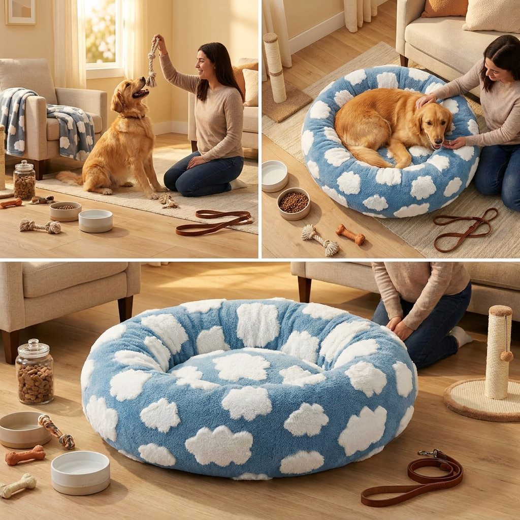 Small Medium Pet Donut Bed-50cm outer diameter, Soft Plush Round Dog Bed and Cat Bed with Raised Rim, Cozy Calming Pet Sleeping Cushion, Blue Cloud Pattern Washable Pet Bed for Small Medium Dogs Cats Puppies and Kittens
