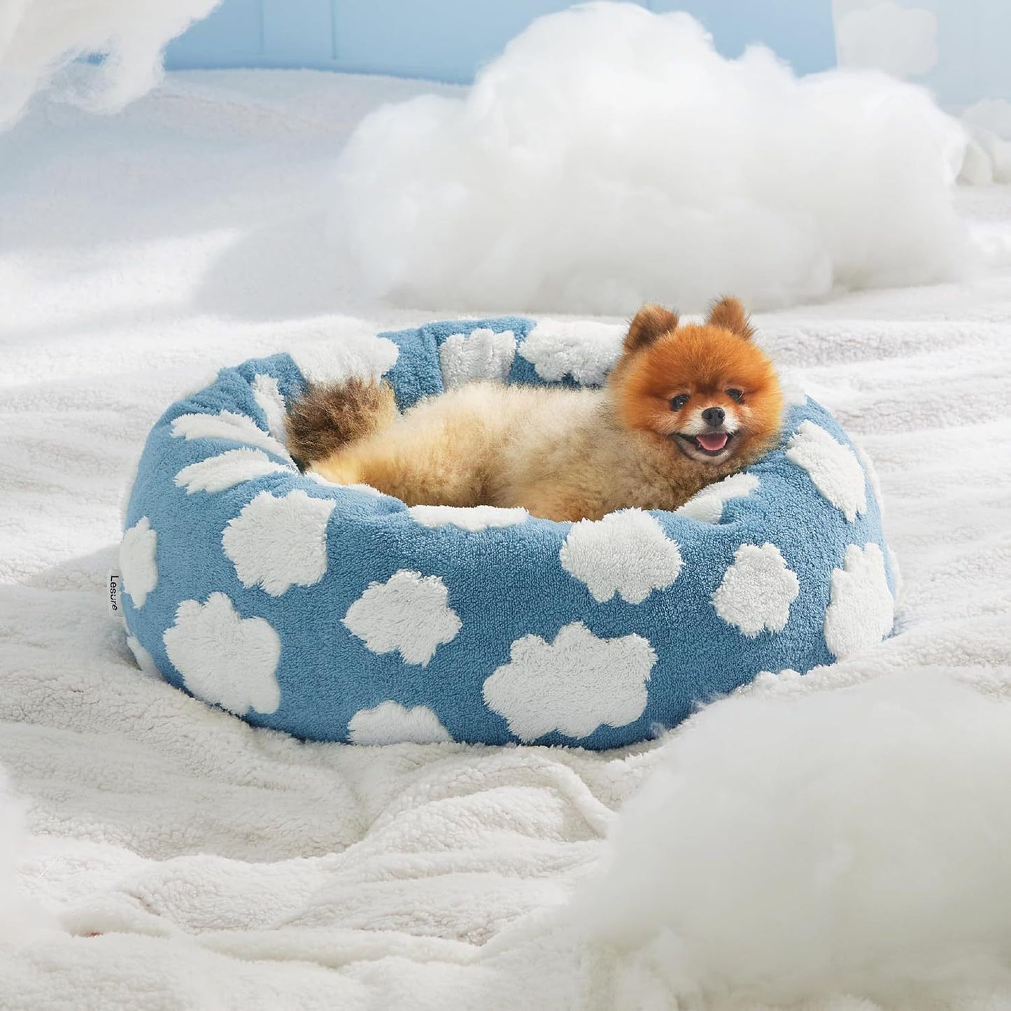Small Medium Pet Donut Bed-50cm outer diameter, Soft Plush Round Dog Bed and Cat Bed with Raised Rim, Cozy Calming Pet Sleeping Cushion, Blue Cloud Pattern Washable Pet Bed for Small Medium Dogs Cats Puppies and Kittens