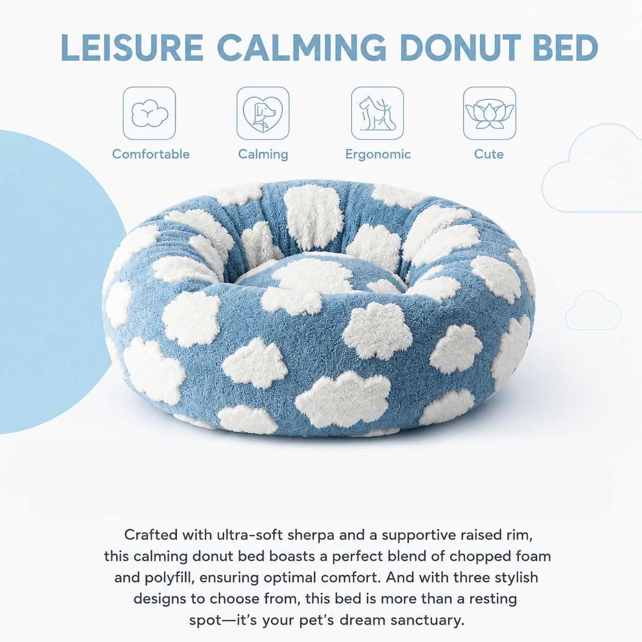 Small Medium Pet Donut Bed-60cm outer diameter, Soft Plush Round Dog Bed and Cat Bed with Raised Rim, Cozy Calming Pet Sleeping Cushion, Blue Cloud Pattern Washable Pet Bed for Small Medium Dogs Cats Puppies and Kittens