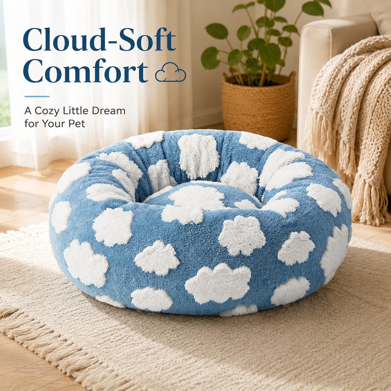 Medium Large Pet Donut Bed (Blue background with white clouds)-70cm outer diameter, Soft Plush Round Dog Bed and Cat Bed with Raised Rim, Cozy Calming Pet Sleeping Cushion, Blue Cloud Pattern Washable Pet Bed for Medium Large Dogs and Cats