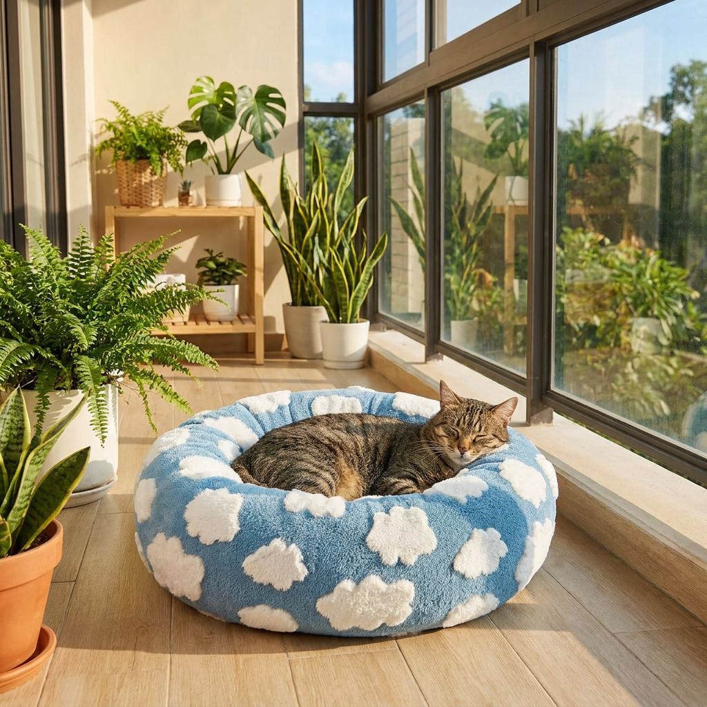 Medium Large Pet Donut Bed (Blue background with white clouds)-70cm outer diameter, Soft Plush Round Dog Bed and Cat Bed with Raised Rim, Cozy Calming Pet Sleeping Cushion, Blue Cloud Pattern Washable Pet Bed for Medium Large Dogs and Cats