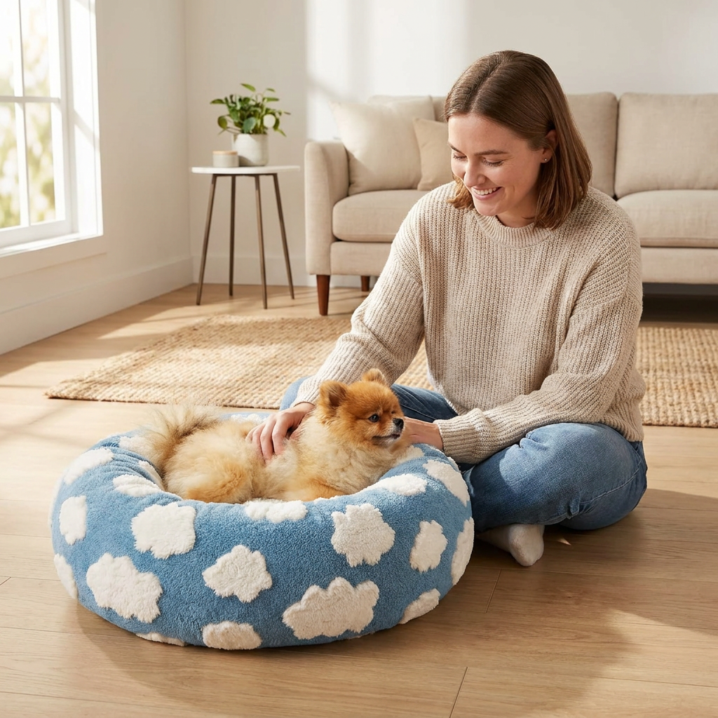 Small Medium Pet Donut Bed-40cm outer diameter, Soft Plush Round Dog Bed and Cat Bed with Raised Rim, Cozy Calming Pet Sleeping Cushion, Blue Cloud Pattern Washable Pet Bed for Small Medium Dogs Cats Puppies and Kittens