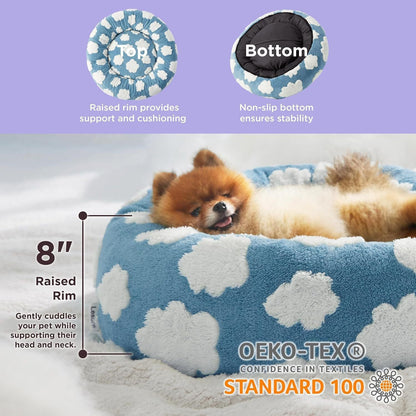 Small Medium Pet Donut Bed-40cm outer diameter, Soft Plush Round Dog Bed and Cat Bed with Raised Rim, Cozy Calming Pet Sleeping Cushion, Blue Cloud Pattern Washable Pet Bed for Small Medium Dogs Cats Puppies and Kittens