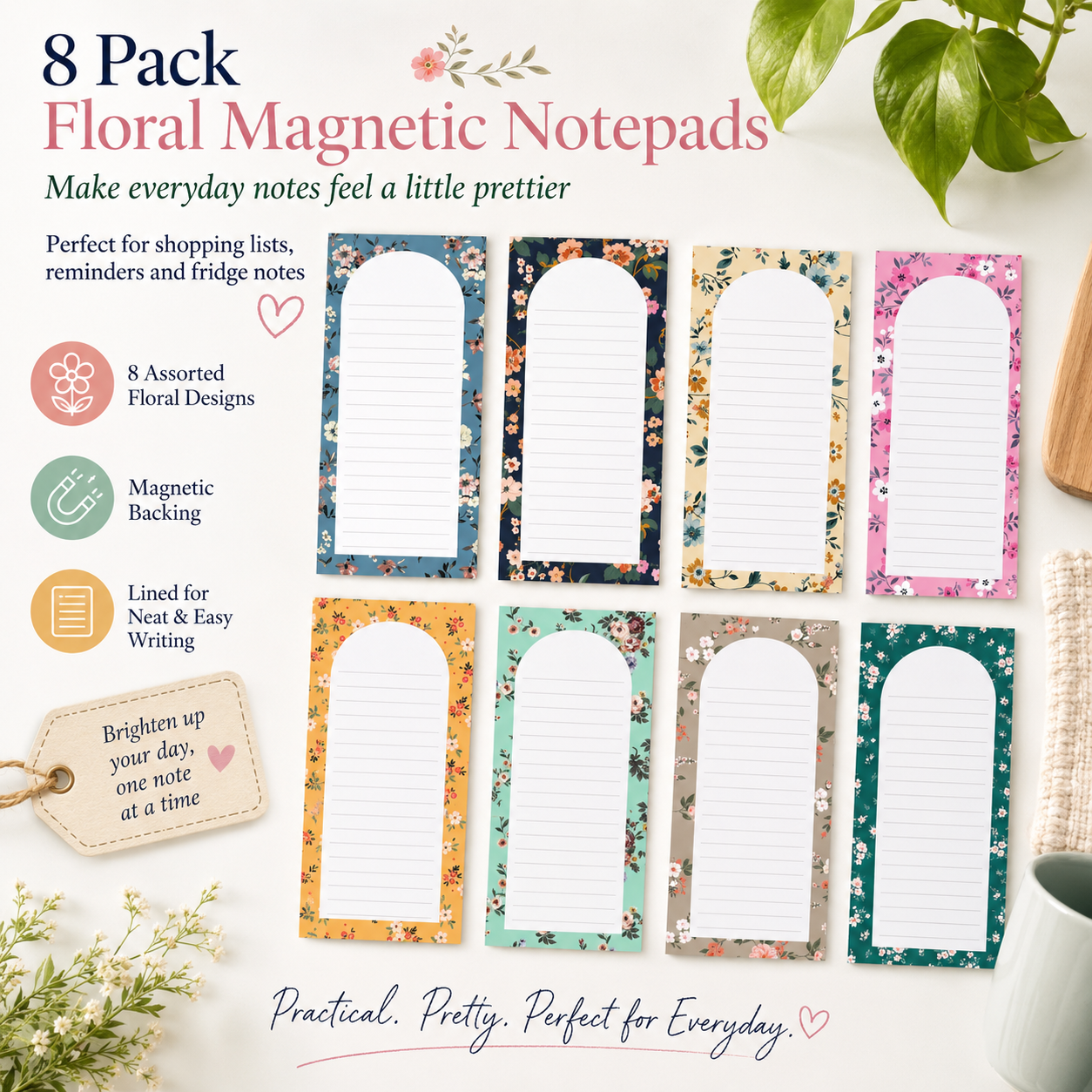 8 Pack Floral Magnetic Notepads for Fridge, Cute Shopping List Planner Memo Pads with 25 Sheets Each, Tear Off Weekly To Do List Notes for Home Kitchen Office School Organisation and Daily Reminders