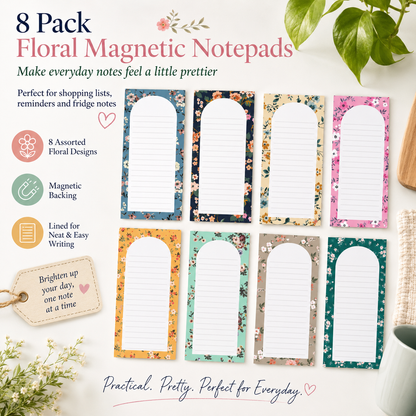 8 Pack Floral Magnetic Notepads for Fridge, Cute Shopping List Planner Memo Pads with 25 Sheets Each, Tear Off Weekly To Do List Notes for Home Kitchen Office School Organisation and Daily Reminders