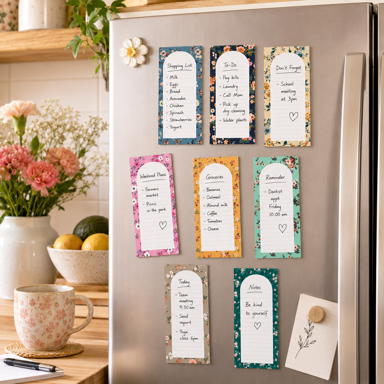 8 Pack Floral Magnetic Notepads for Fridge, Cute Shopping List Planner Memo Pads with 25 Sheets Each, Tear Off Weekly To Do List Notes for Home Kitchen Office School Organisation and Daily Reminders