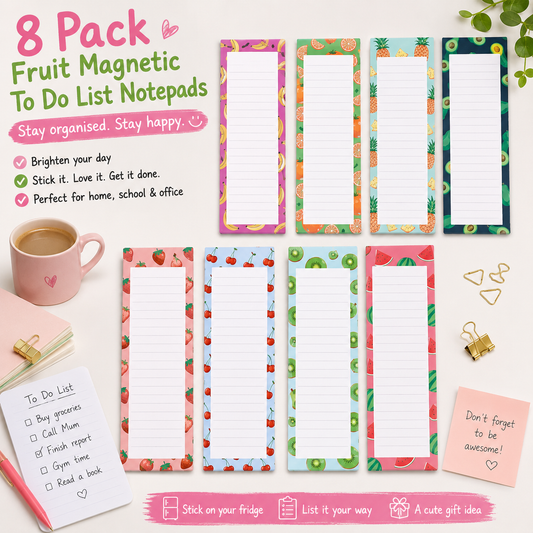 8 Pack Fruit Magnetic Notepads for Fridge(Type A), Cute Shopping List Planner Memo Pads with 25 Sheets Each, Tear Off Weekly To Do List Notes for Home Kitchen Office School Organisation and Daily Reminders