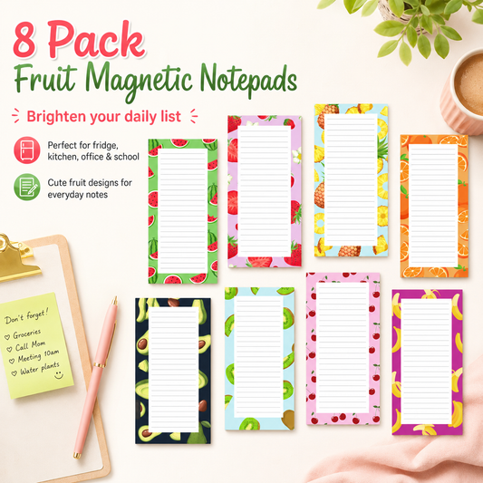 8 Pack Fruit Magnetic Notepads for Fridge(Type B), Cute Shopping List Planner Memo Pads with 25 Sheets Each, Tear Off Weekly To Do List Notes for Home Kitchen Office School Organisation and Daily Reminders