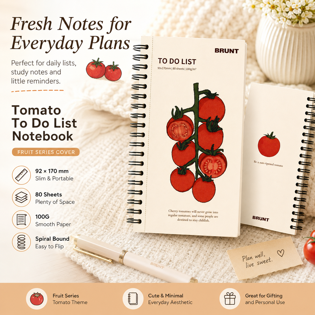 Fruit Series To Do List Notebook (tomatoes) â€“ Spiral Bound Journal with Cute Fruit Cover, 80 Sheets, Portable Planner for Daily Notes, Study, Office and Personal Organisation