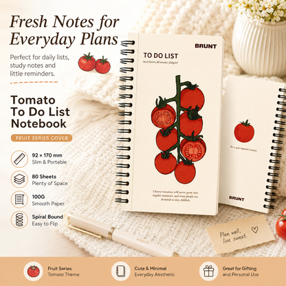 Fruit Series To Do List Notebook (tomatoes) â€“ Spiral Bound Journal with Cute Fruit Cover, 80 Sheets, Portable Planner for Daily Notes, Study, Office and Personal Organisation
