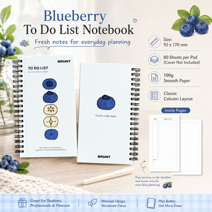 Fruit Series To Do List Notebook (Blueberry) â€“ Spiral Bound Journal with Cute Fruit Cover, 80 Sheets, Portable Planner for Daily Notes, Study, Office and Personal Organisation