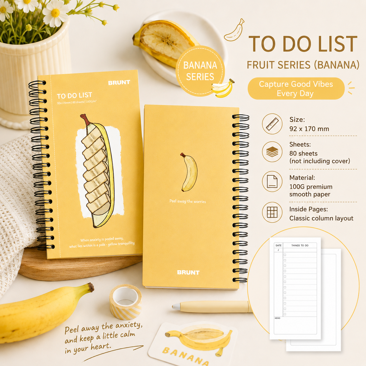 Fruit Series To Do List Notebook (Banana) â€“ Spiral Bound Journal with Cute Fruit Cover, 80 Sheets, Portable Planner for Daily Notes, Study, Office and Personal Organisation