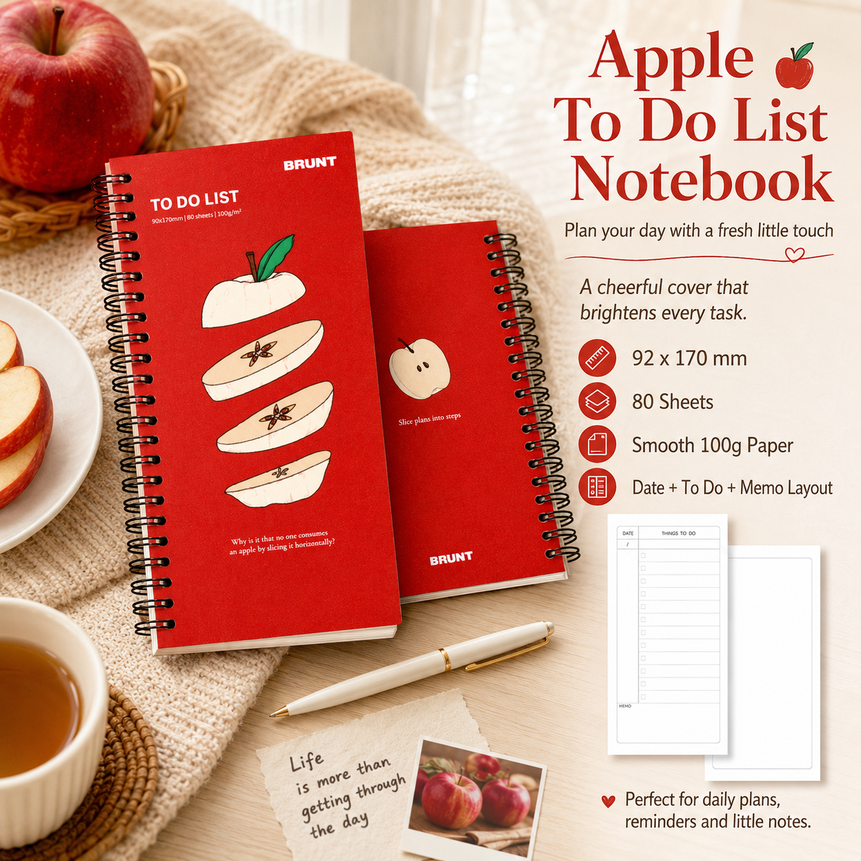 Fruit Series To Do List Notebook (Apple) â€“ Spiral Bound Journal with Cute Fruit Cover, 80 Sheets, Portable Planner for Daily Notes, Study, Office and Personal Organisation