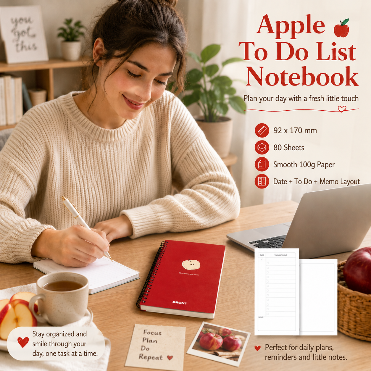 Fruit Series To Do List Notebook (Apple) â€“ Spiral Bound Journal with Cute Fruit Cover, 80 Sheets, Portable Planner for Daily Notes, Study, Office and Personal Organisation