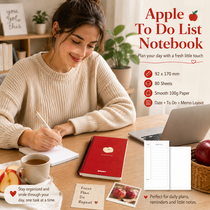 Fruit Series To Do List Notebook (Apple) â€“ Spiral Bound Journal with Cute Fruit Cover, 80 Sheets, Portable Planner for Daily Notes, Study, Office and Personal Organisation