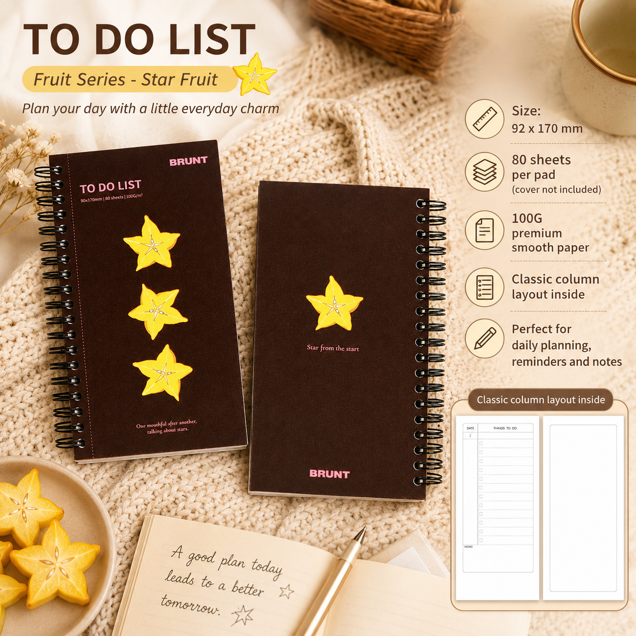 Fruit Series To Do List Notebook (Starfruit) â€“ Spiral Bound Journal with Cute Fruit Cover, 80 Sheets, Portable Planner for Daily Notes, Study, Office and Personal Organisation