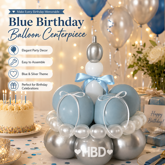 Birthday Cake Balloon Garland Kit (Blue Material kit)â€“ DIY Party Decoration Set with HBD Balloons, Ribbon and Glue Dots, Creative Table Centrepiece for Birthday Celebrations, Photo Props and Event Decor