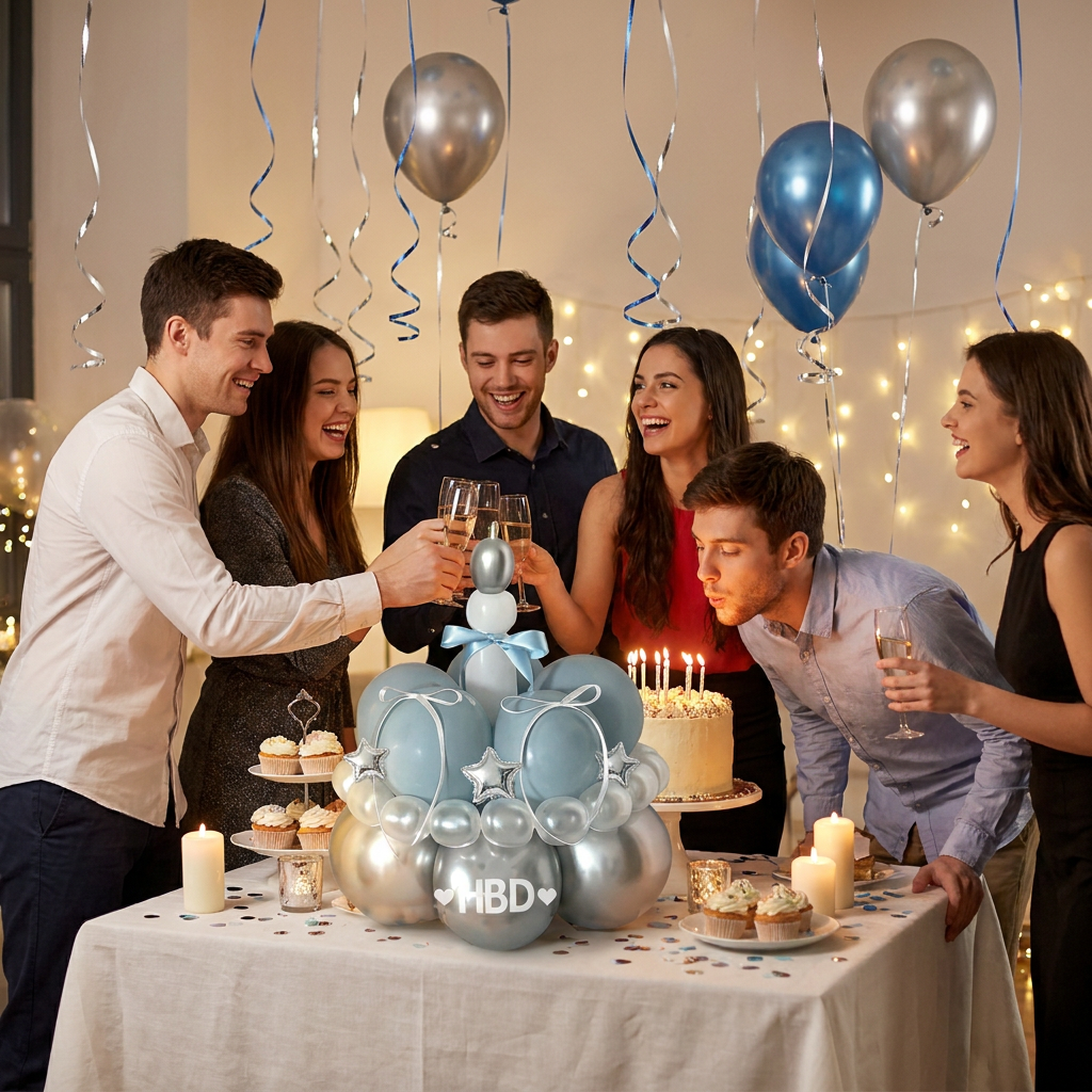 Birthday Cake Balloon Garland Kit (Blue Material kit)â€“ DIY Party Decoration Set with HBD Balloons, Ribbon and Glue Dots, Creative Table Centrepiece for Birthday Celebrations, Photo Props and Event Decor