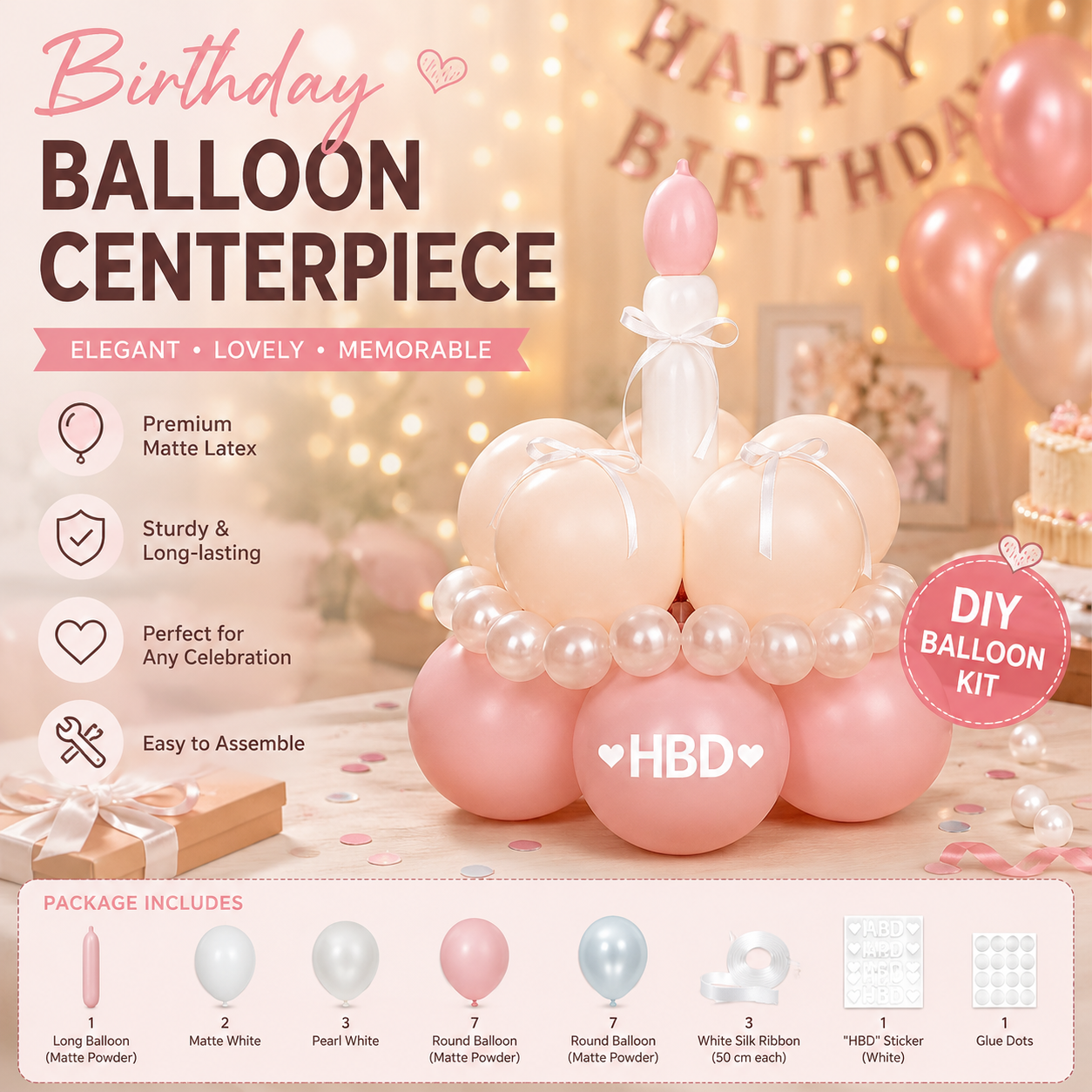 Birthday Cake Balloon Garland Kit (Pink Material kit)â€“ DIY Party Decoration Set with HBD Balloons, Ribbon and Glue Dots, Creative Table Centrepiece for Birthday Celebrations, Photo Props and Event Decor