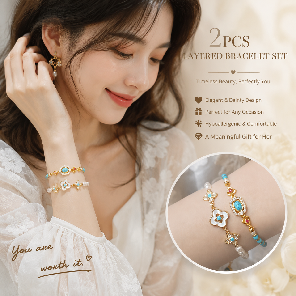 2PCS Vintage Layered Pearl Bracelet Set | Elegant Zircon Flower Charm Gold Plated Stackable Bracelets Jewelry Gift