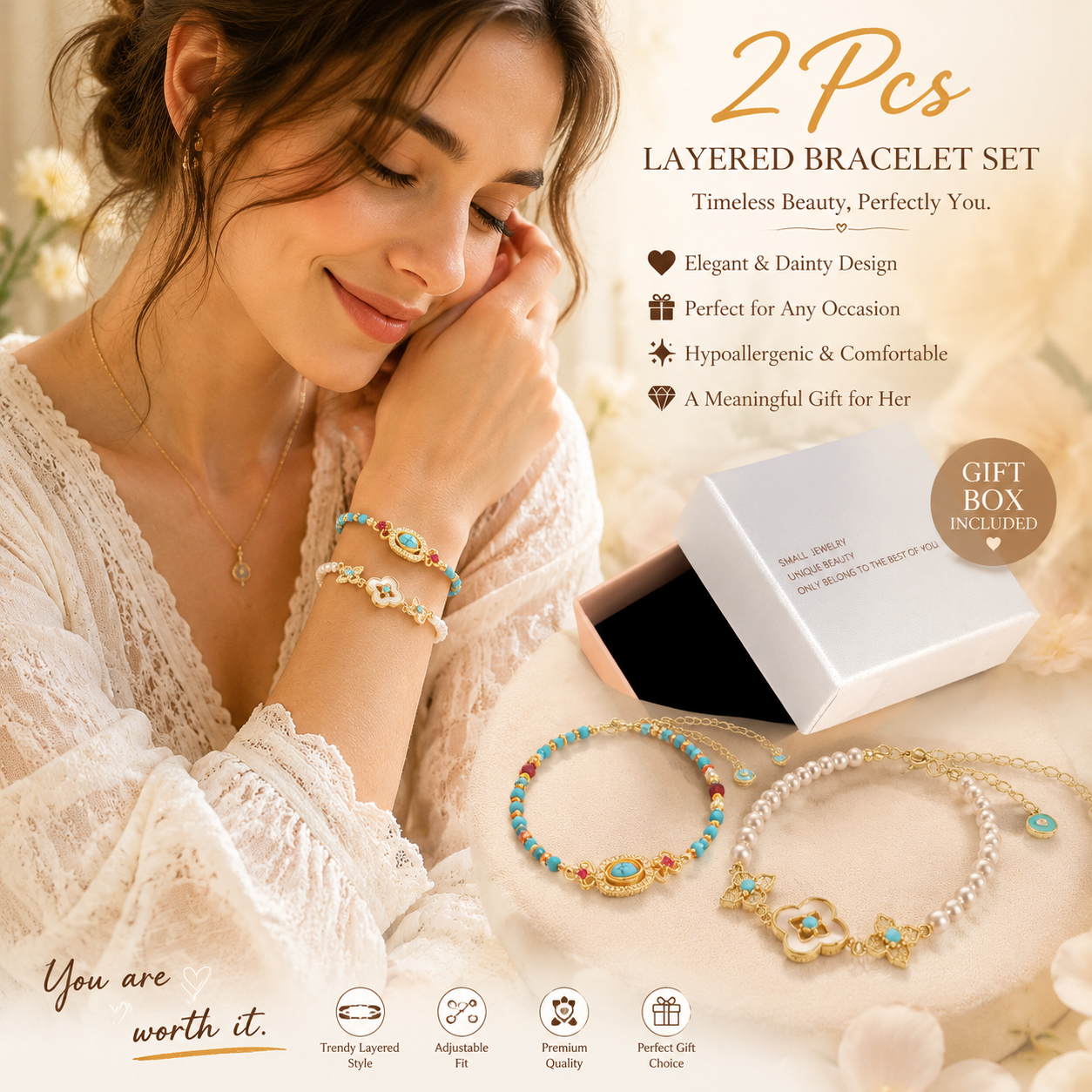 2PCS Vintage Layered Pearl Bracelet Set | Elegant Zircon Flower Charm Gold Plated Stackable Bracelets Jewelry Gift