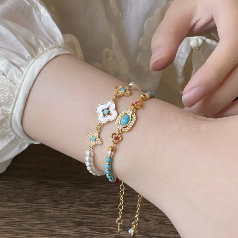 2PCS Vintage Layered Pearl Bracelet Set | Elegant Zircon Flower Charm Gold Plated Stackable Bracelets Jewelry Gift