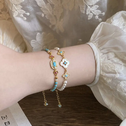 2PCS Vintage Layered Pearl Bracelet Set | Elegant Zircon Flower Charm Gold Plated Stackable Bracelets Jewelry Gift