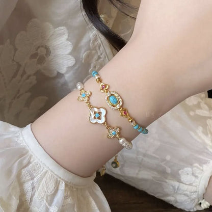 2PCS Vintage Layered Pearl Bracelet Set | Elegant Zircon Flower Charm Gold Plated Stackable Bracelets Jewelry Gift