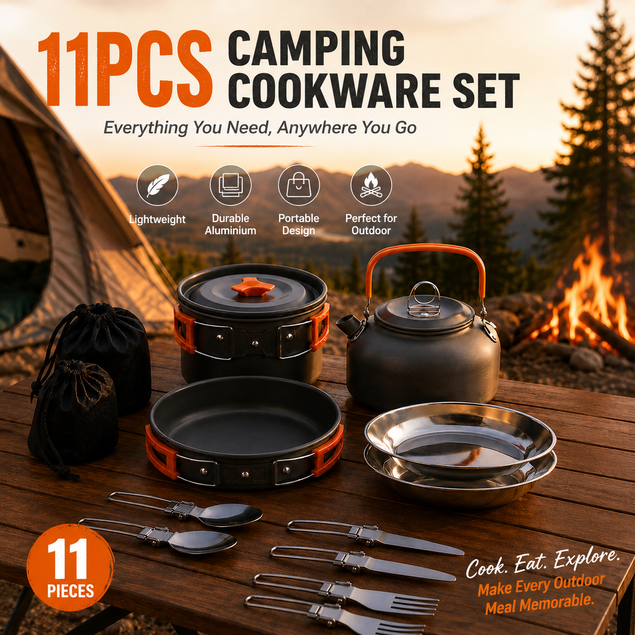 11PCS Orange Camping Cookware Set â€“ Lightweight Aluminium Camping Pots, Frying Pan, Kettle & Stainless Steel Cutlery, Portable Non-Stick Outdoor Cooking Set for 2-3 Person Camping, Hiking, Backpacking & Picnic