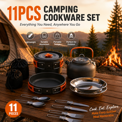 11PCS Orange Camping Cookware Set â€“ Lightweight Aluminium Camping Pots, Frying Pan, Kettle & Stainless Steel Cutlery, Portable Non-Stick Outdoor Cooking Set for 2-3 Person Camping, Hiking, Backpacking & Picnic
