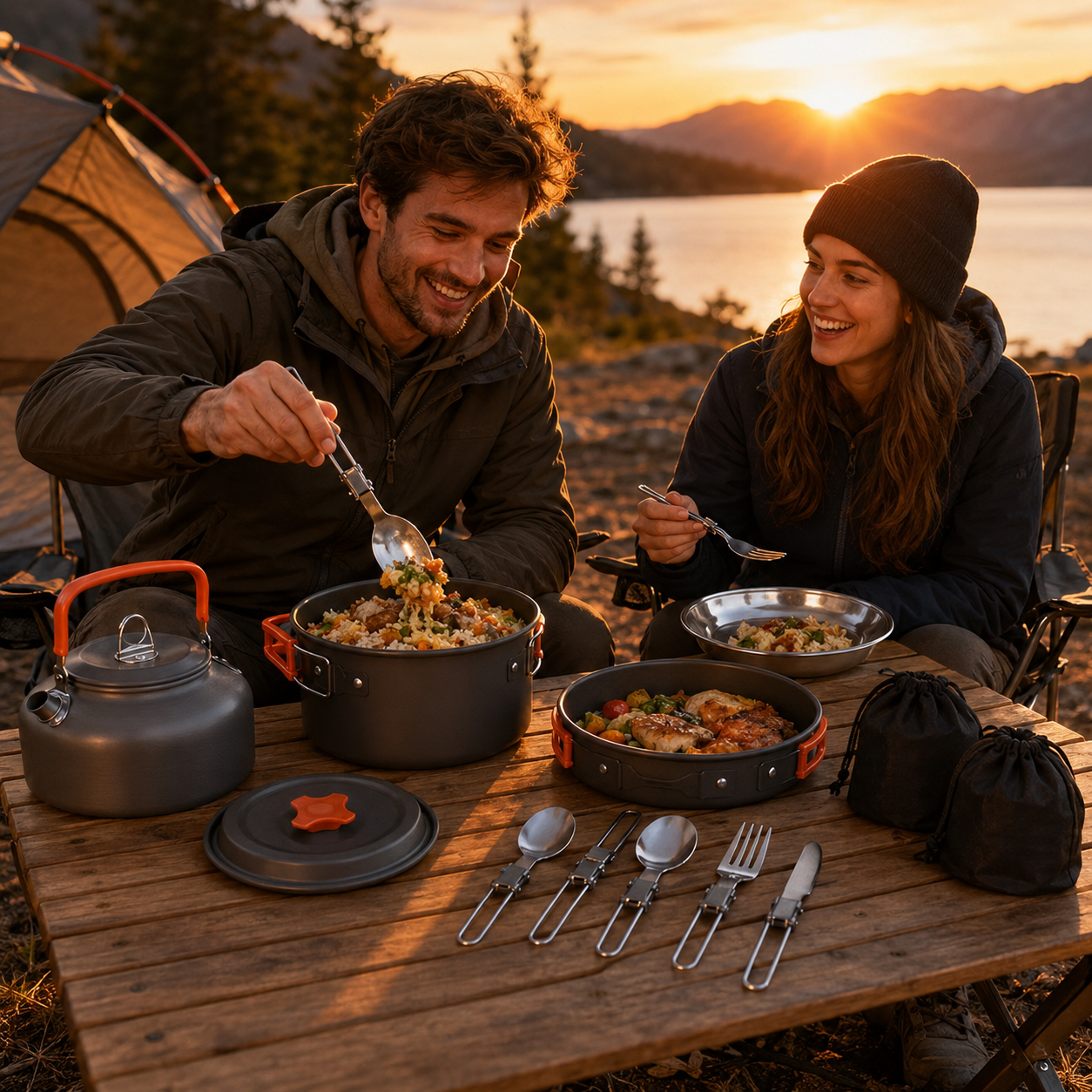 11PCS Orange Camping Cookware Set â€“ Lightweight Aluminium Camping Pots, Frying Pan, Kettle & Stainless Steel Cutlery, Portable Non-Stick Outdoor Cooking Set for 2-3 Person Camping, Hiking, Backpacking & Picnic
