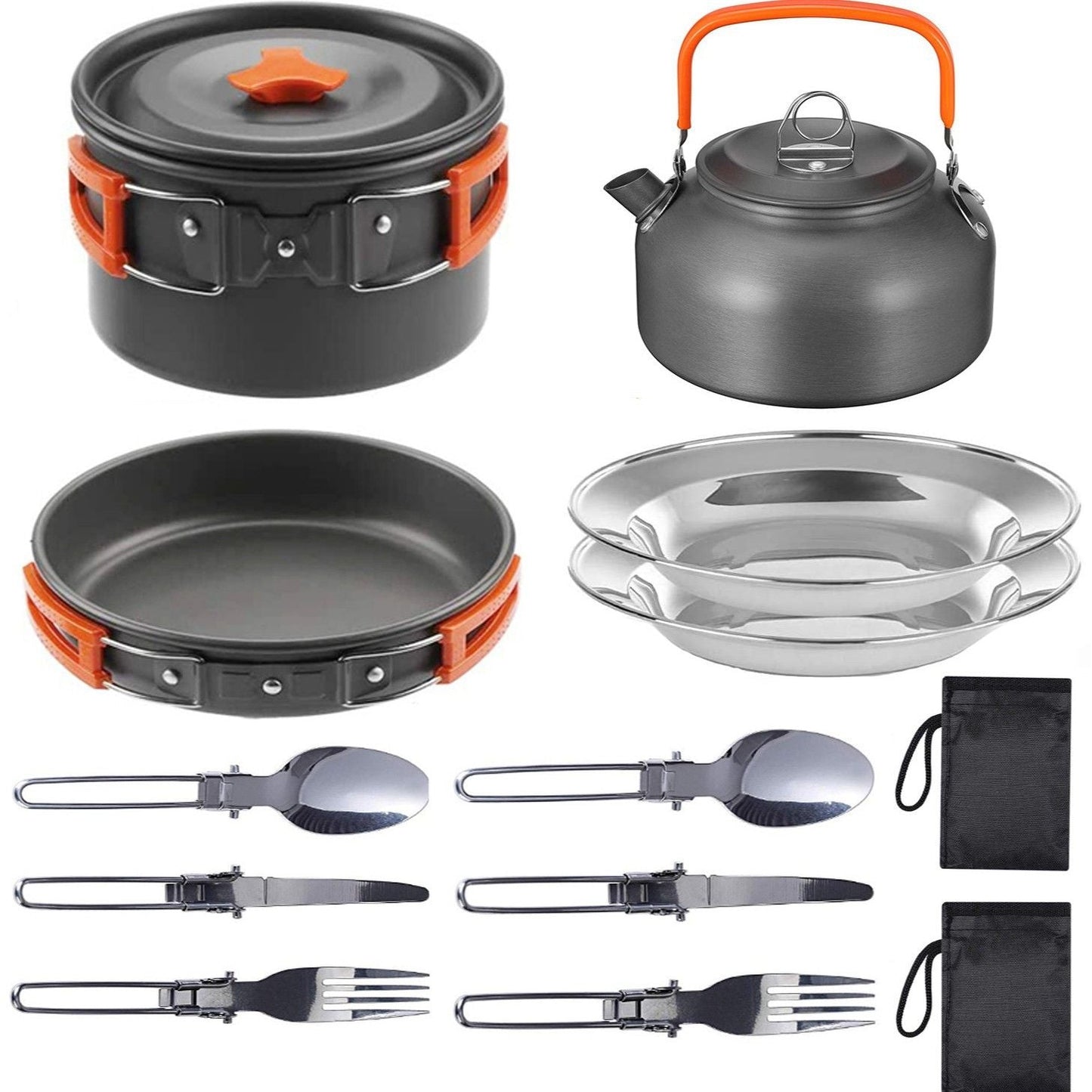 11PCS Orange Camping Cookware Set â€“ Lightweight Aluminium Camping Pots, Frying Pan, Kettle & Stainless Steel Cutlery, Portable Non-Stick Outdoor Cooking Set for 2-3 Person Camping, Hiking, Backpacking & Picnic