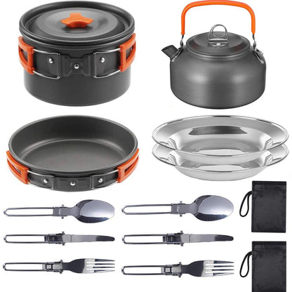 11PCS Orange Camping Cookware Set â€“ Lightweight Aluminium Camping Pots, Frying Pan, Kettle & Stainless Steel Cutlery, Portable Non-Stick Outdoor Cooking Set for 2-3 Person Camping, Hiking, Backpacking & Picnic