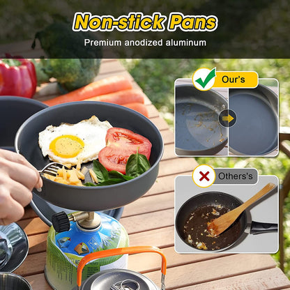 11PCS Orange Camping Cookware Set â€“ Lightweight Aluminium Camping Pots, Frying Pan, Kettle & Stainless Steel Cutlery, Portable Non-Stick Outdoor Cooking Set for 2-3 Person Camping, Hiking, Backpacking & Picnic