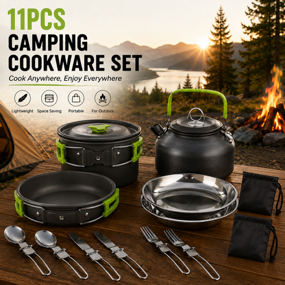 11PCS Green Camping Cookware Set â€“ Lightweight Aluminium Camping Pots, Frying Pan, Kettle & Stainless Steel Cutlery, Portable Non-Stick Outdoor Cooking Set for 2-3 Person Camping, Hiking, Backpacking & Picnic