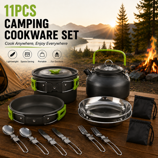 11PCS Green Camping Cookware Set â€“ Lightweight Aluminium Camping Pots, Frying Pan, Kettle & Stainless Steel Cutlery, Portable Non-Stick Outdoor Cooking Set for 2-3 Person Camping, Hiking, Backpacking & Picnic