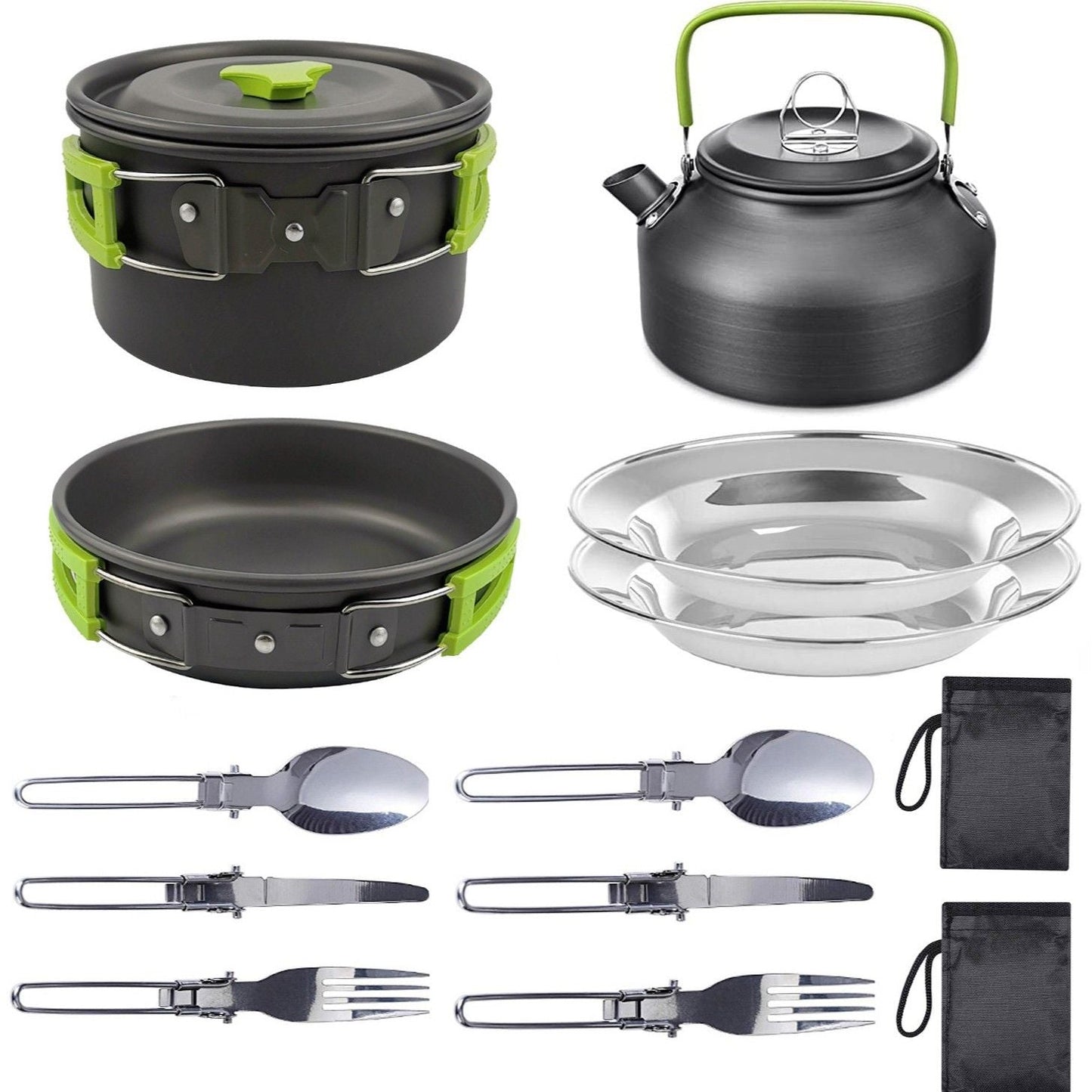 11PCS Green Camping Cookware Set â€“ Lightweight Aluminium Camping Pots, Frying Pan, Kettle & Stainless Steel Cutlery, Portable Non-Stick Outdoor Cooking Set for 2-3 Person Camping, Hiking, Backpacking & Picnic