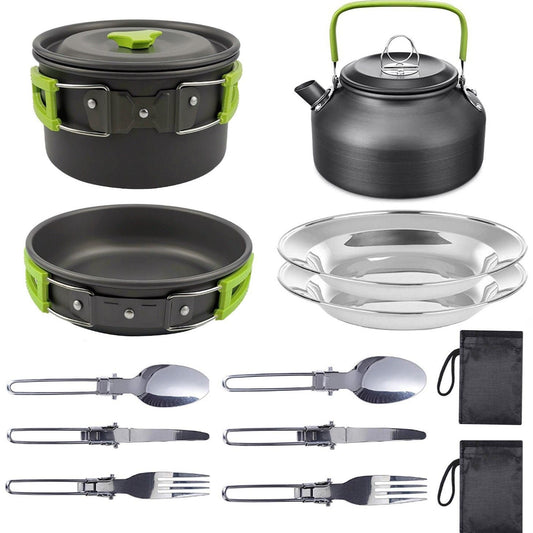 11PCS Green Camping Cookware Set â€“ Lightweight Aluminium Camping Pots, Frying Pan, Kettle & Stainless Steel Cutlery, Portable Non-Stick Outdoor Cooking Set for 2-3 Person Camping, Hiking, Backpacking & Picnic