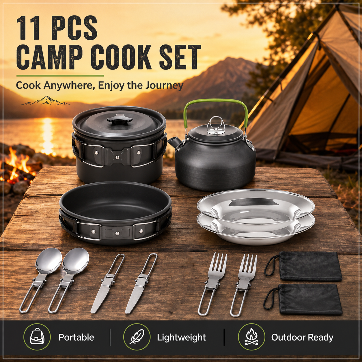 11PCS Black Camping Cookware Set â€“ Lightweight Aluminium Camping Pots, Frying Pan, Kettle & Stainless Steel Cutlery, Portable Non-Stick Outdoor Cooking Set for 2-3 Person Camping, Hiking, Backpacking & Picnic