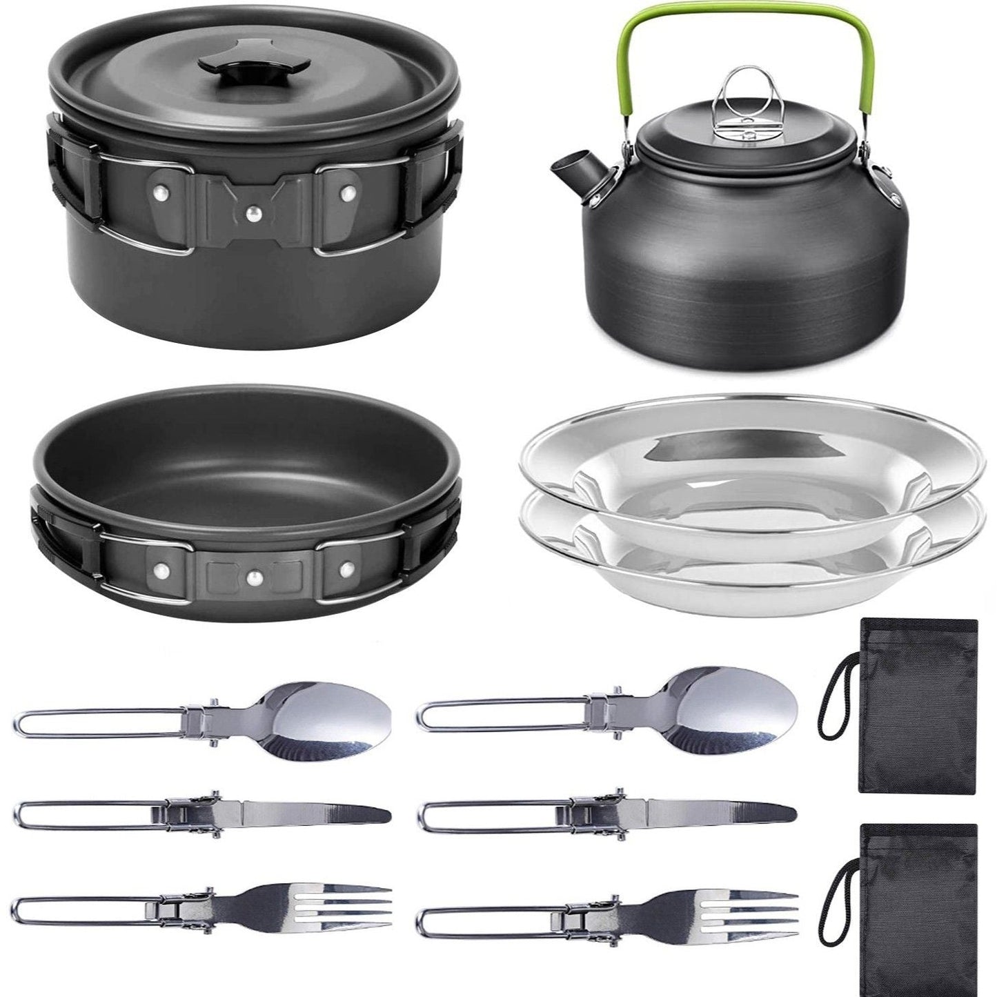 11PCS Black Camping Cookware Set â€“ Lightweight Aluminium Camping Pots, Frying Pan, Kettle & Stainless Steel Cutlery, Portable Non-Stick Outdoor Cooking Set for 2-3 Person Camping, Hiking, Backpacking & Picnic