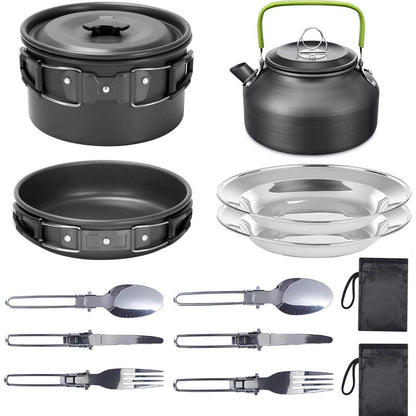 11PCS Black Camping Cookware Set â€“ Lightweight Aluminium Camping Pots, Frying Pan, Kettle & Stainless Steel Cutlery, Portable Non-Stick Outdoor Cooking Set for 2-3 Person Camping, Hiking, Backpacking & Picnic