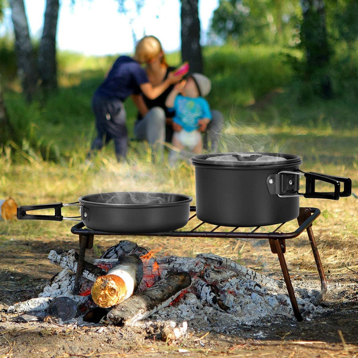 11PCS Black Camping Cookware Set â€“ Lightweight Aluminium Camping Pots, Frying Pan, Kettle & Stainless Steel Cutlery, Portable Non-Stick Outdoor Cooking Set for 2-3 Person Camping, Hiking, Backpacking & Picnic