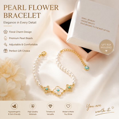 Pearl Flower Bracelet for Women â€“ Adjustable Faux Pearl Beaded Bracelet with Gold Floral Charm, Elegant Lightweight Fashion Wrist Jewellery, Gift Box Included, Bridal, Birthday & Everyday Wear