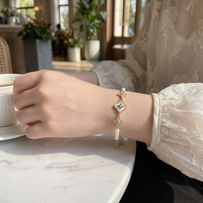 Pearl Flower Bracelet for Women â€“ Adjustable Faux Pearl Beaded Bracelet with Gold Floral Charm, Elegant Lightweight Fashion Wrist Jewellery, Gift Box Included, Bridal, Birthday & Everyday Wear