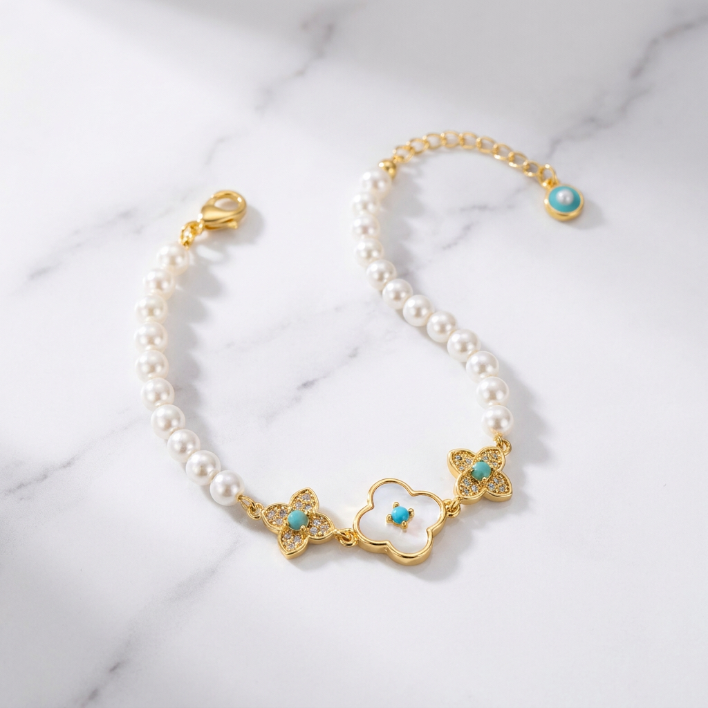 Pearl Flower Bracelet for Women â€“ Adjustable Faux Pearl Beaded Bracelet with Gold Floral Charm, Elegant Lightweight Fashion Wrist Jewellery, Gift Box Included, Bridal, Birthday & Everyday Wear